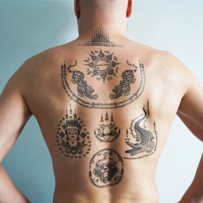 Juego de 2 tatuajes Sak Yantra - Tailandia tatuajes temporales / tatuajes tailandeses monje Foto 1 de 4