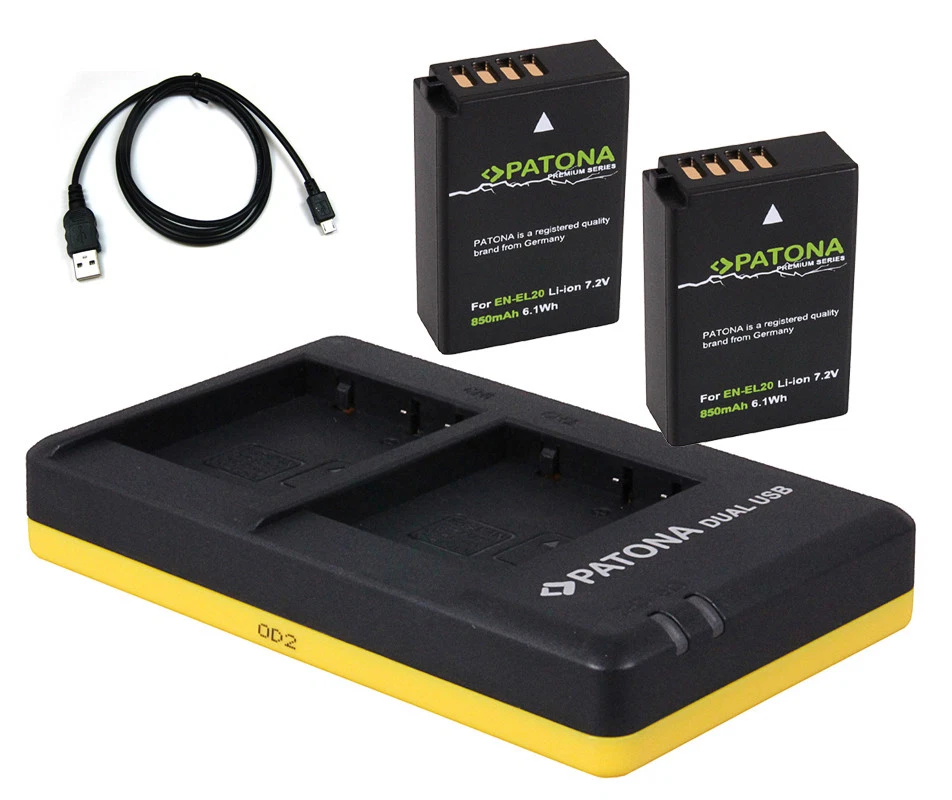 PATONA 2 x Premium Akku + Dual-Ladegerät für Nikon Coolpix A, P950, P1000 - EN-EL20-a