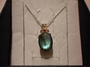 Labradorite Oval Pendant w/Ruby Accents w/20" Chain in 925 Sterling-10.40 Carats - Picture 1 of 4
