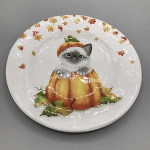 Pier 1 Exclusive FALL HALLOWEEN CAT IN PUMPKIN Salad Plate SO CUTE - Picture 1 of 5