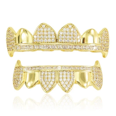 Juego de parrillas de hip hop colmillos parte superior inferior 5A+ circonita cúbica chapada en oro de 18 quilates parrilla de dientes Foto 1 de 4