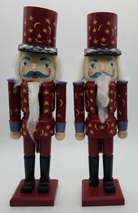 Wooden Christmas Nutcracker Pair 2 15" Royal Soldier Red Uniform Moon Stars READ - Picture 1 of 17