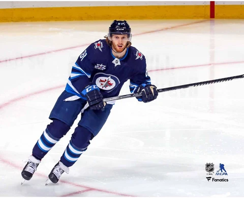 Kyle Connor Winnipeg Jets Unsigned Navy Jersey Skating vs Calgary Flames Photo Cover