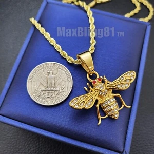 Bee Stainless steel Iced Hip Hop Cubic Zirconia Pendant & Rope Chain Necklace - Picture 1 of 18