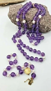 Set Amethyst Beads and Pearls Necklace 33” L and Bracelet with 14 Kt Yellow gold - Foto 1 di 10
