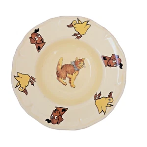 Yellow Childs Plate Cat in Center Dogs and Ducks Border Marked 4 over 32M VTG - Picture 1 of 11