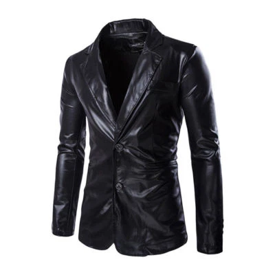 Men Faux Leather Wet Look Metallic Glitter Suit Jacket Stage Two-button Coat Top - Image 1 of 4