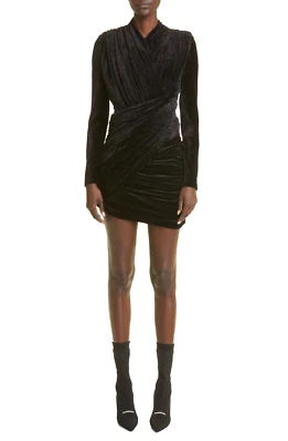 Balenciaga Draped Long Sleeve Velvet Party Mini Dress Black Size 38 / US 2 - 4 - Image 1 of 4