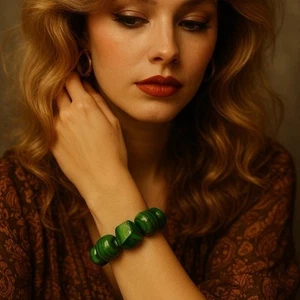 VINTAGE 70S ONE-OF-A-KIND HANDPAINTED GREEN WOODEN STRETCH BRACELET - Picture 1 of 6