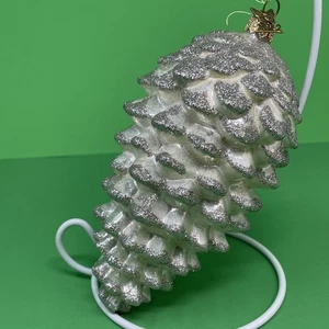 Neiman Marcus 6in White and Silver Pinecone Ornament Butterfly Tag 2012 - Picture 1 of 12