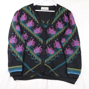 Peruvian Connection Pima Cotton Knit Floral Cardigan Sweater Artsy Boho Size L - Picture 1 of 7