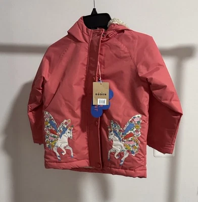 Mini Boden Kids' Fleece Lined Hooded Coat AR8 Rose Pink Unicorns Size 4-5Y NWT - Image 1 of 4