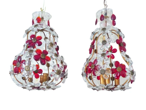 Gorgeous RARE PAIR Ceiling Cage Chandelier Red Prisms Flowers Murano 1930 Bagues Cover