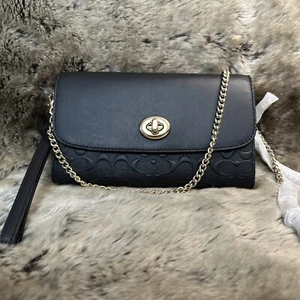 NWT Coach Chain Crossbody Bag Wallet on Chain Wristlet Purse In Black Logo - Picture 1 of 9