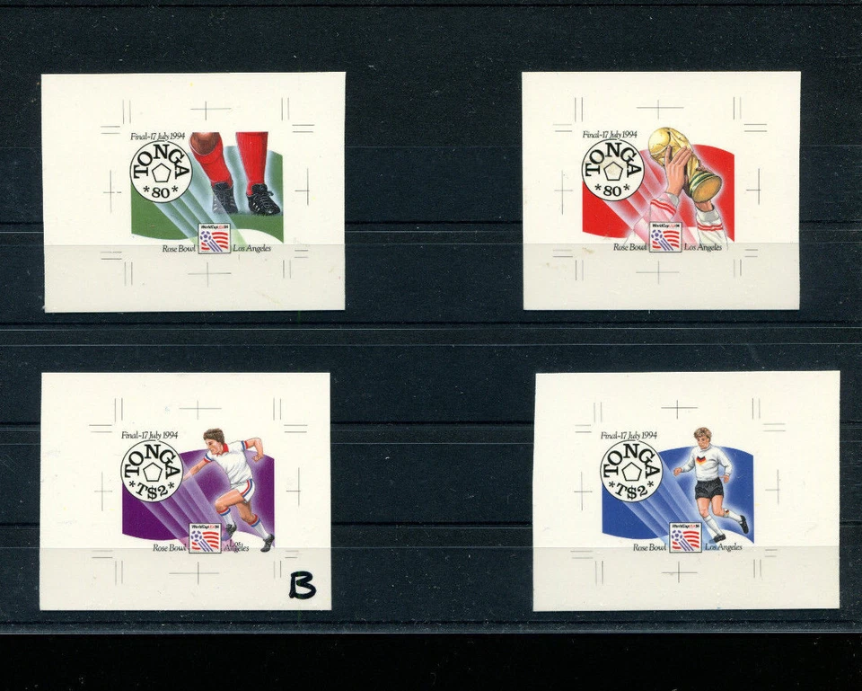 Copa Mundial de Fútbol/Fútbol Tonga 1994 Scott 864a-b+865a-b PRUEBAS DE CROMALINA IMPERFECTAS Foto 1 de 1