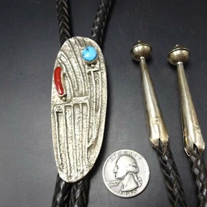 JOHN HORNBEK Tufa Cast Sterling Silver BRANCH CORAL & KINGMAN TURQUOISE BOLO Tie - Picture 1 of 12