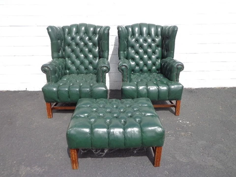 3pc Handsome Deep Tufted Leather Wingback Armchairs Chair Seating Chesterfield Cover