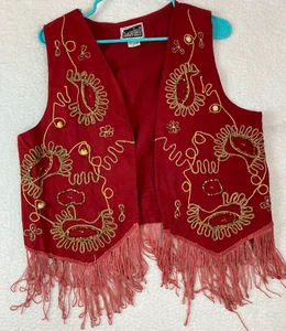 VTG Imein! Cotton Embroidered Cotton Open Fringe Red Vest Large Western Boho - Picture 1 of 8
