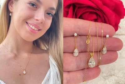 2 carat Tear Drop Diamond Necklace 2 carat Diamond Earrings Jewelry 18kt Gold - Image 1 of 4