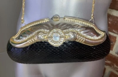 Vintage Made In Hong Kong, Snakeskin Pattern Clutch With 18” Golden Chain. - Image 1 of 4