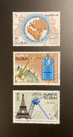 3 UAE Dubai Stamps Outer Space Telecommunications Congress #146, #C55, #C56-used Cover