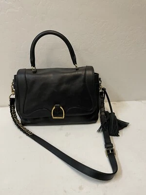 RALPH LAUREN 意大利制造 Stirrup 流苏翻盖顶部手柄单肩包黑色 — 第 1/4 张图片