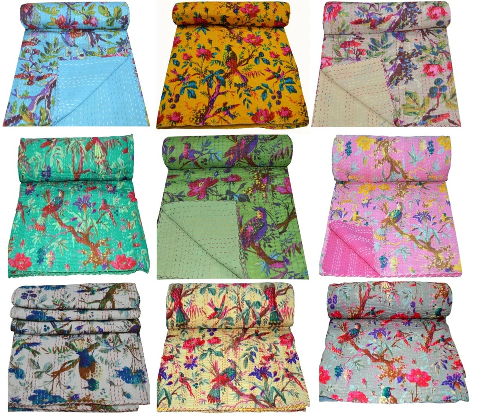 Indian Handmade Bird Print Twin/Queen Kantha Quilt Cotton Bedding Bedcover Throw - Image 1 of 1