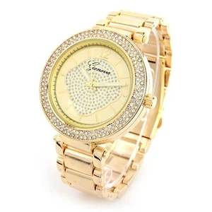 Nuevo Reloj de Pulsera Cepillado Dorado 3D Geneva Bisel de Cristal Para Mujer Novio - Imagen 1 de 3