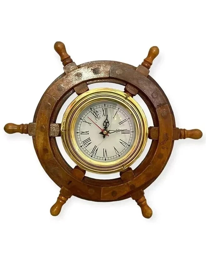 12" Ship Wheel Clock - Nautical Decorative, Premium Wood Porthole Design - Image 1 of 3