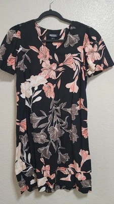 Nicole Miller Original Black Floral Print V Neck Linen Blend Dress Shift XS - Image 1 of 4