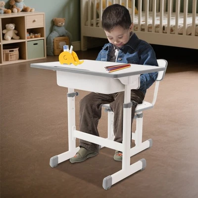Verstellbarer Schreibtisch und Stuhl, Schreibtischset für Kinder mit Stuhl, weiß - Bild 1 von 4