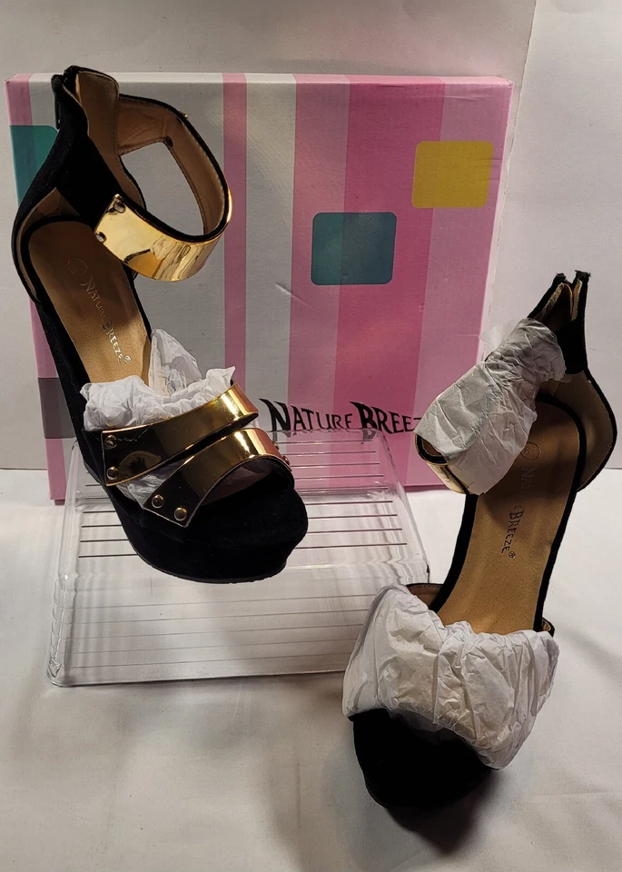 Damas NATURE BREEZE Negro Gamuza-Dorado Correa Tacón de Cuña Alto Talla 6 1/2, Devan-05 Foto 1 de 4