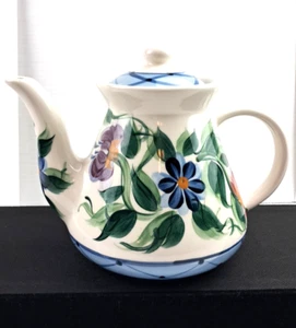 GAIL PITTMAN Vintage TEAPOT Colorful Flowers & Blue GeoPattern Top & Bottom 6.5" - Picture 1 of 10