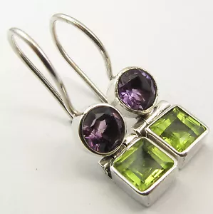 BEST OFFER | 925 Silver Genuine AMETHYST & PERIDOT Earrings 1 inches GEMSTONE - Picture 1 of 3