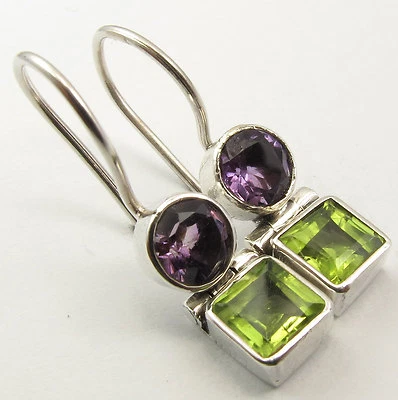 BEST OFFER | 925 Silver Genuine AMETHYST & PERIDOT Earrings 1 inches GEMSTONE - Image 1 of 3