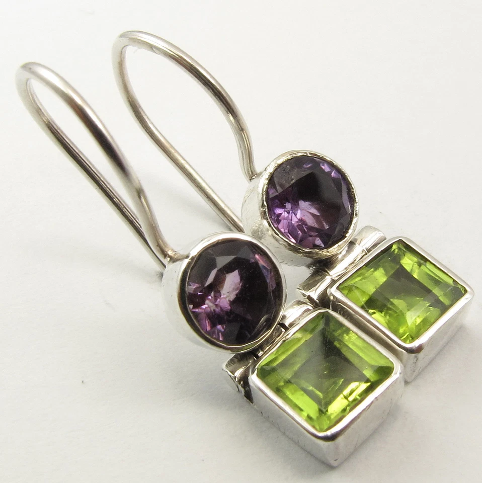 BEST OFFER | 925 Silver Genuine AMETHYST & PERIDOT Earrings 1 inches GEMSTONE - Image 1 of 3