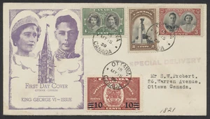 1939 #246-248 Royal Visit FDC Purple Peace Tower Cachet #E9 Special Del Ottawa - Foto 1 di 2