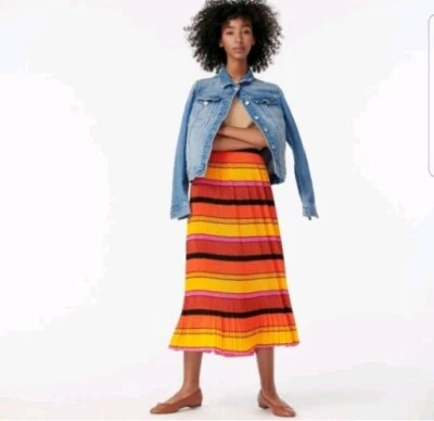 J CREW Women's Pleated Midi Skirt Multicolor Orange/Red Striped Lined Sz 14T NEW - Image 1 of 4