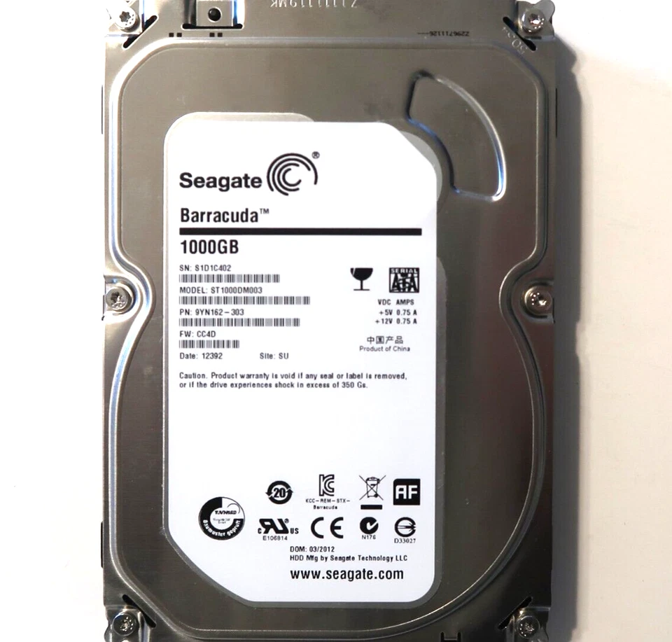 Seagate ST1000DM003 9YN162-303 CC4D 3.5" 1TB Sata  (S1D1) China Site: SU 03.2012 - Image 1 of 1