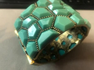 Vintage Solid Brass Bronze & Turquoise Bracelet Cuff Style 2.75" across 2" wide - Picture 1 of 8