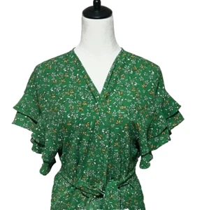 Max Studio Dress 1X Midi Green Floral Flutter Sleeve Ruffle Wrap V Neck Boho NWT - Picture 1 of 13
