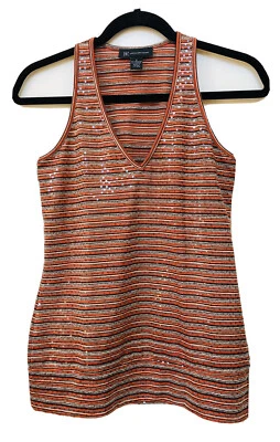 Топ безрукавка INC Concepts размер S Tribal Rights оранжевый желтовато-коричневый коричневый в полоску с V-образным вырезом блестящий - Изображение 1 из 4