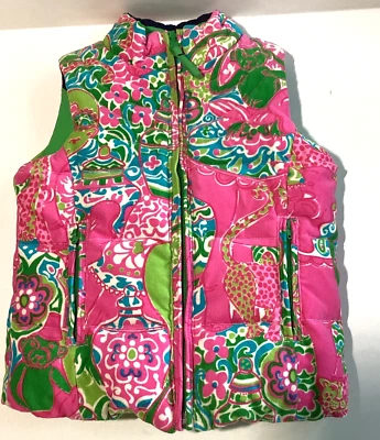 Chaleco acolchado de plumón Lilly Pulitzer niñas talla 5 reversible rosa y verde pana Foto 1 de 4