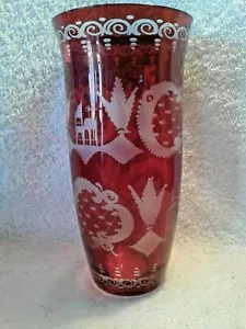 Beautiful Ruby Cut to Clear Czech Bohemian Tall Glass Vase with Stag 10" Tall - Picture 1 of 7