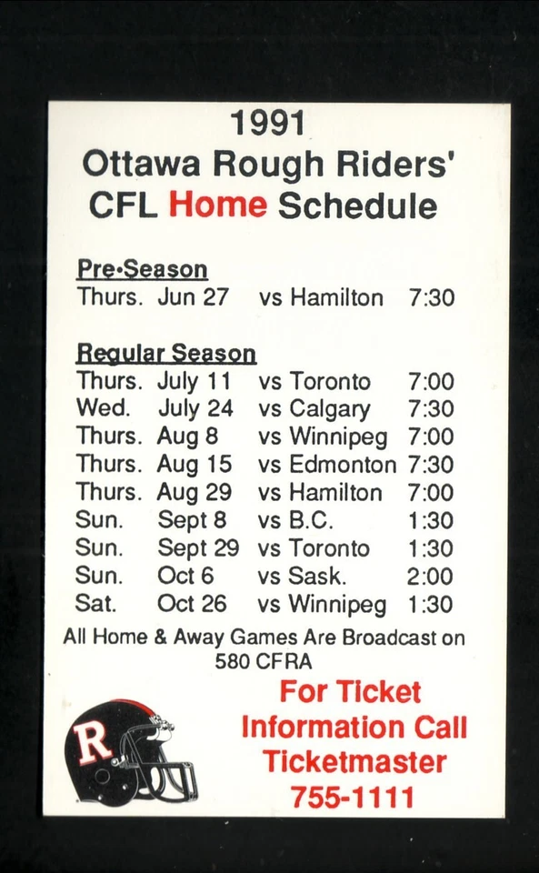 Ottawa Rough Riders 1991 Pocket Schedule Canadian Football League - Image 1 of 1