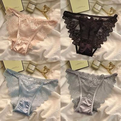 Frauen Transparente Spitze Höschen Satin Unterwäsche Tanga Vintage Dessous ∧ - Bild 1 von 4