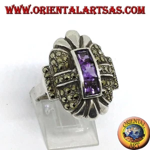 Anillo de Plata 925‰ Con Marcasita Y Tres Amatista Cuadradas En Fila Al Centro - Imagen 1 de 2