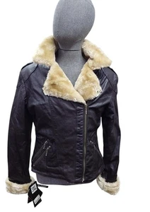Leather Ladies Jacket Aviator Brown & Cream Beige Lined Zip New With Tags 3XL - Picture 1 of 14