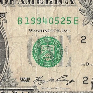 MAY 25 1994 Birthday Fancy Serial Number Date Note One Dollar Bill 05 25 1994 - Picture 1 of 11