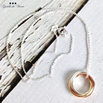 COLLANA CATENINA CIONDOLI INTRECCIATI 3 ANELLI ORO ROSA ARGENTO ACCIAIO INOX - Immagine 1 di 4